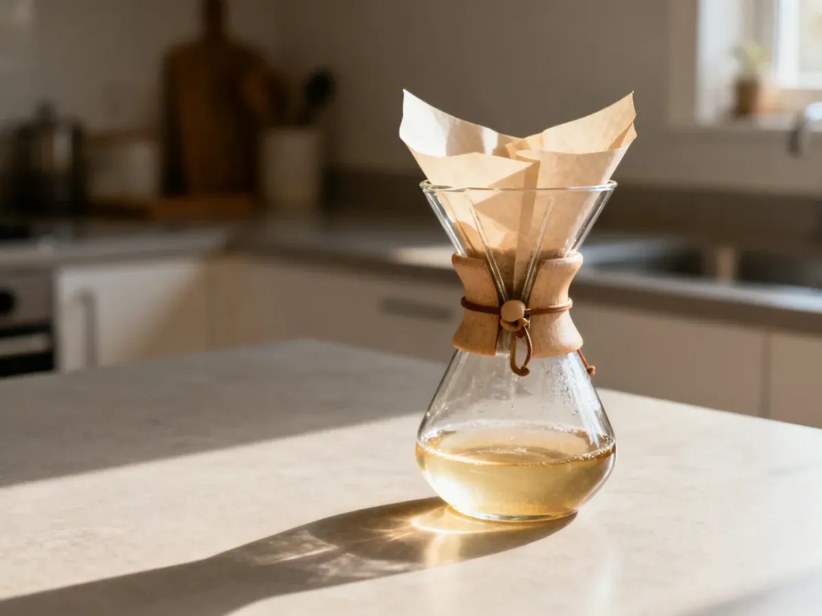 Szklany Chemex z papierowym filtrem i świeżo zaparzoną kawą