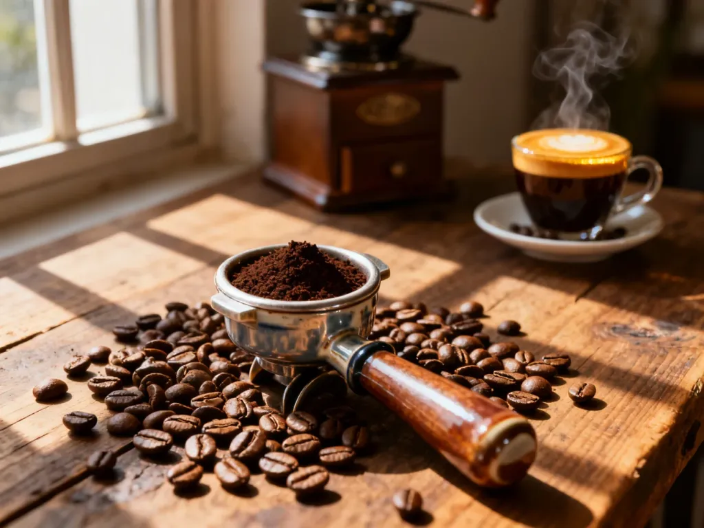 Świeżo zmielona kawa w kolbie oraz ziarna na drewnianym stole, podkreślające jakość i aromat przygotowywanego espresso.