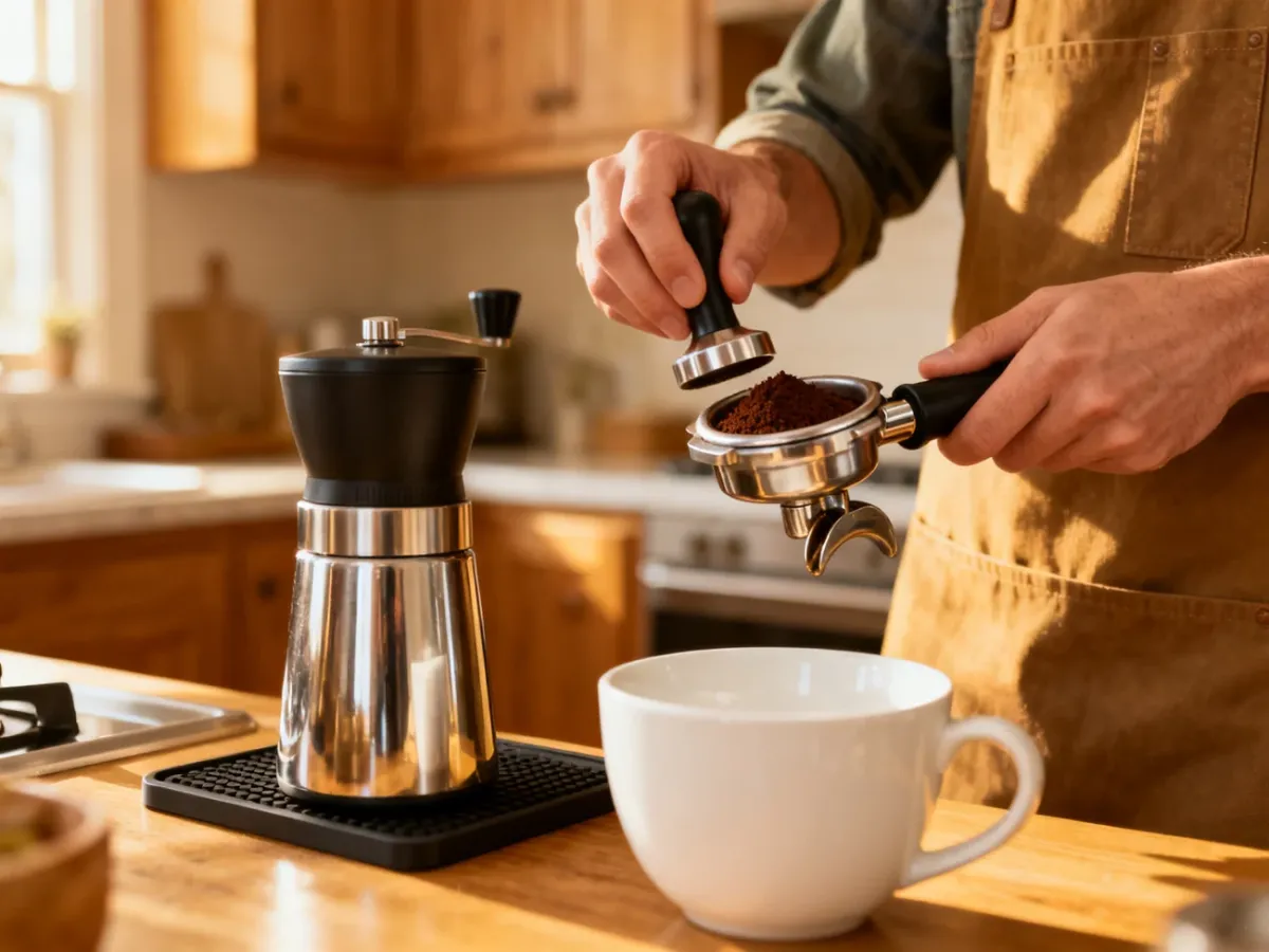 Domowy barista przygotowujący espresso w ekspresie kolbowym