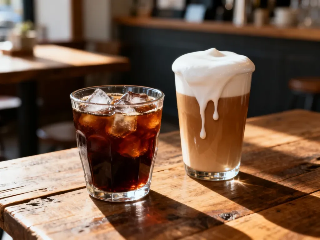Dwie szklanki kawy na drewnianym stole: klasyczny cold brew z lodem oraz nitro z charakterystyczną, kremową pianką.