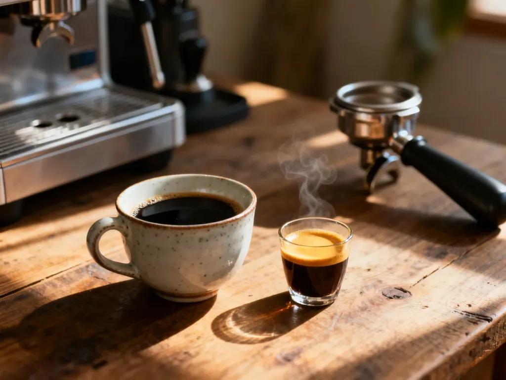 Porcelanowa filiżanka kawy przelewowej obok espresso z cremą na drewnianym stole, ukazujące różnice między naparami.