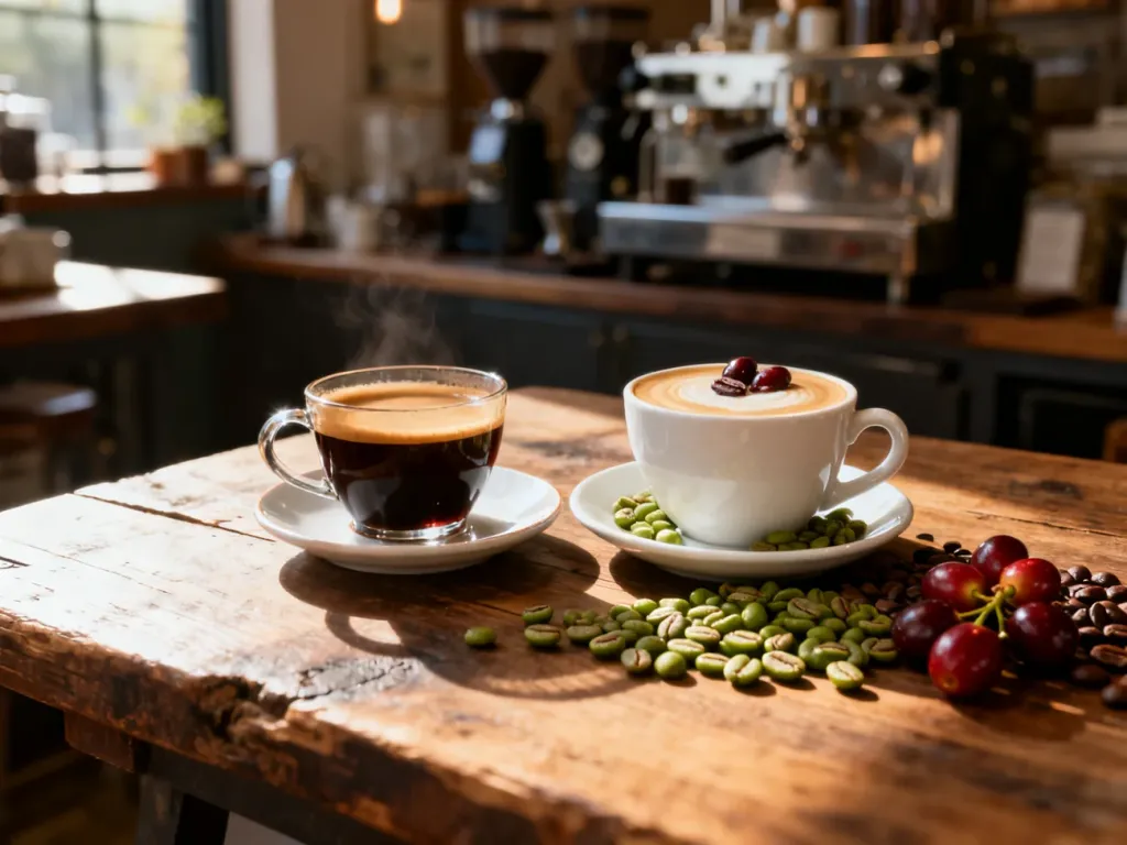 Dwie filiżanki kawy: ciemny blend espresso oraz jasny single origin, zestawione z surowymi ziarnami i owocami kawowca.