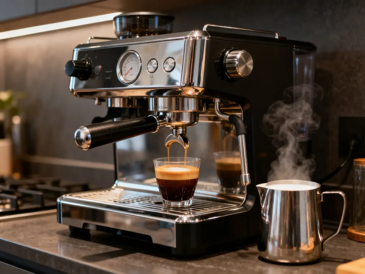 Domowy ekspres kolbowy z dyszą pary, filiżanką espresso i dzbankiem do mleka
