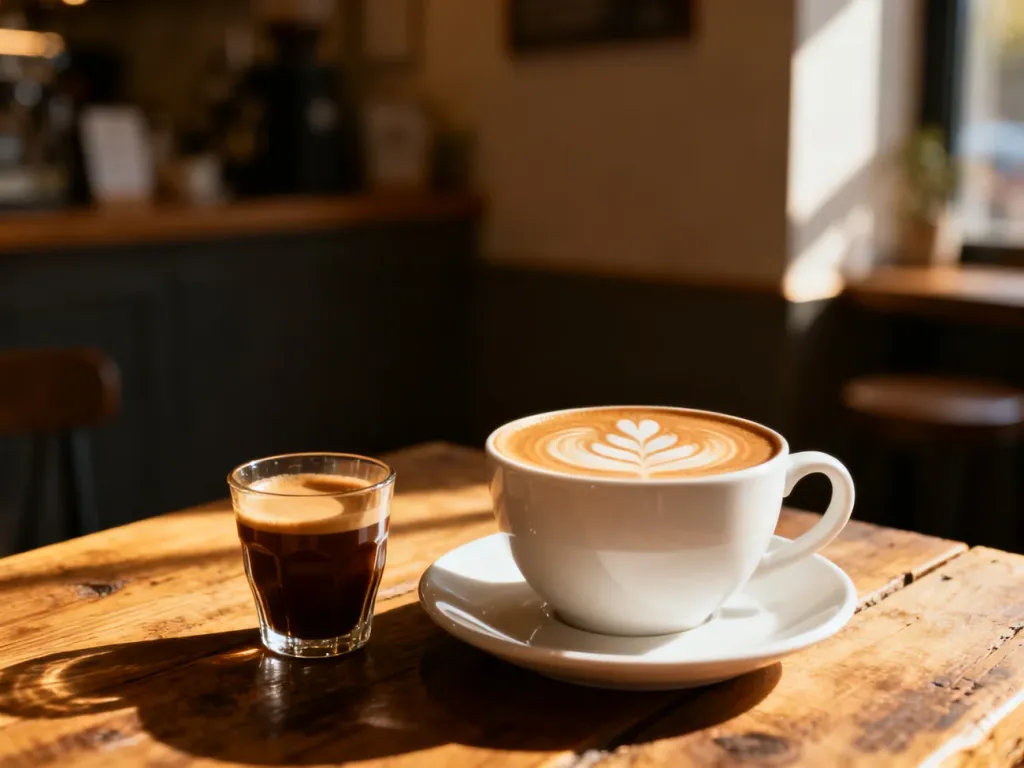 Dwie filiżanki kawy – małe szklane cortado i większy flat white z latte art – stojące na drewnianym stole w kawiarni.