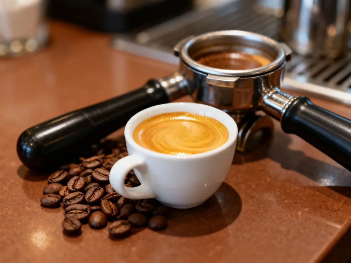 Ristretto w małej filiżance z gęstą cremą obok kolby i ziaren kawy