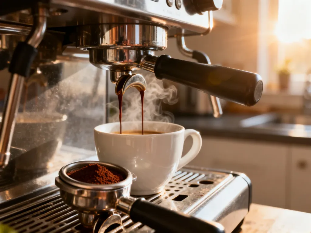 Strumień świeżego espresso wypływający z ekspresu ciśnieniowego do białej filiżanki w słonecznej kuchni.