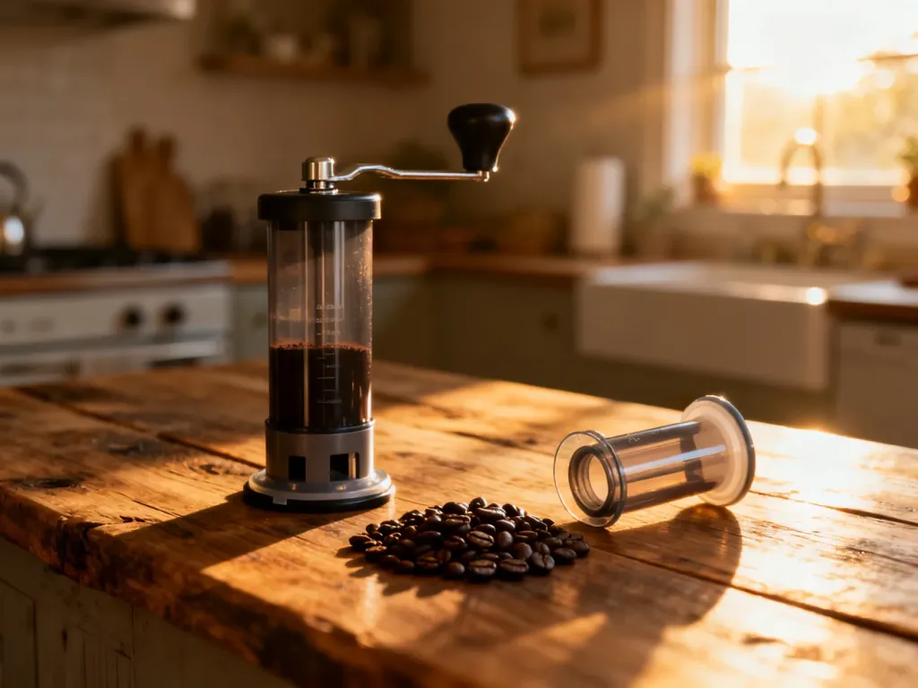 Ręczny młynek do kawy, ziarna oraz rozłożony Aeropress na drewnianym blacie w promieniach porannego słońca.