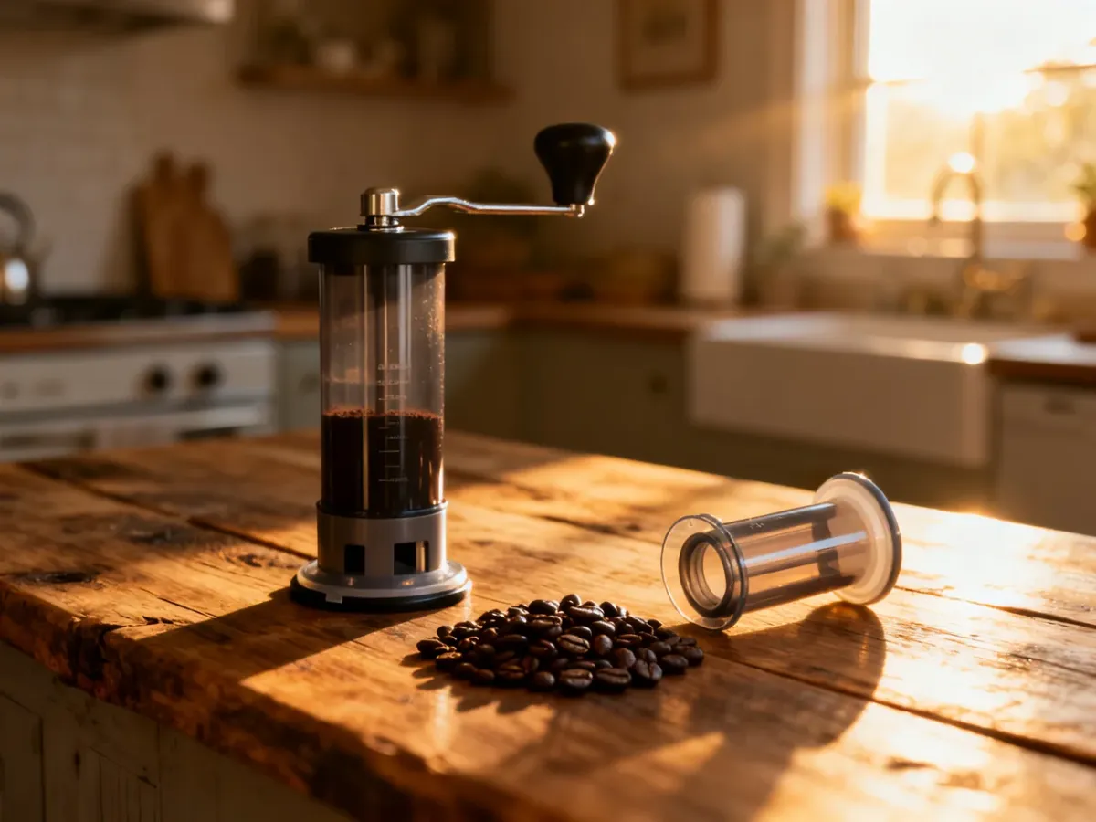 Ręczny młynek do kawy, ziarna oraz rozłożony Aeropress na drewnianym blacie w promieniach porannego słońca.
