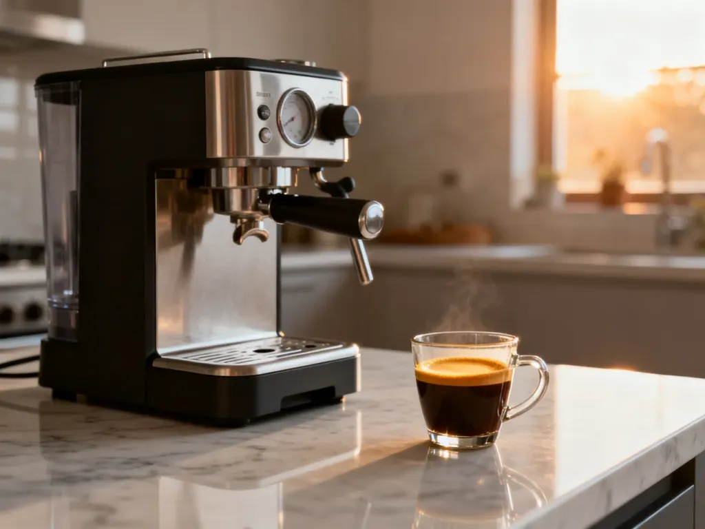 Automatyczny ekspres do kawy na marmurowym blacie z filiżanką świeżego espresso w słonecznej, nowoczesnej kuchni.