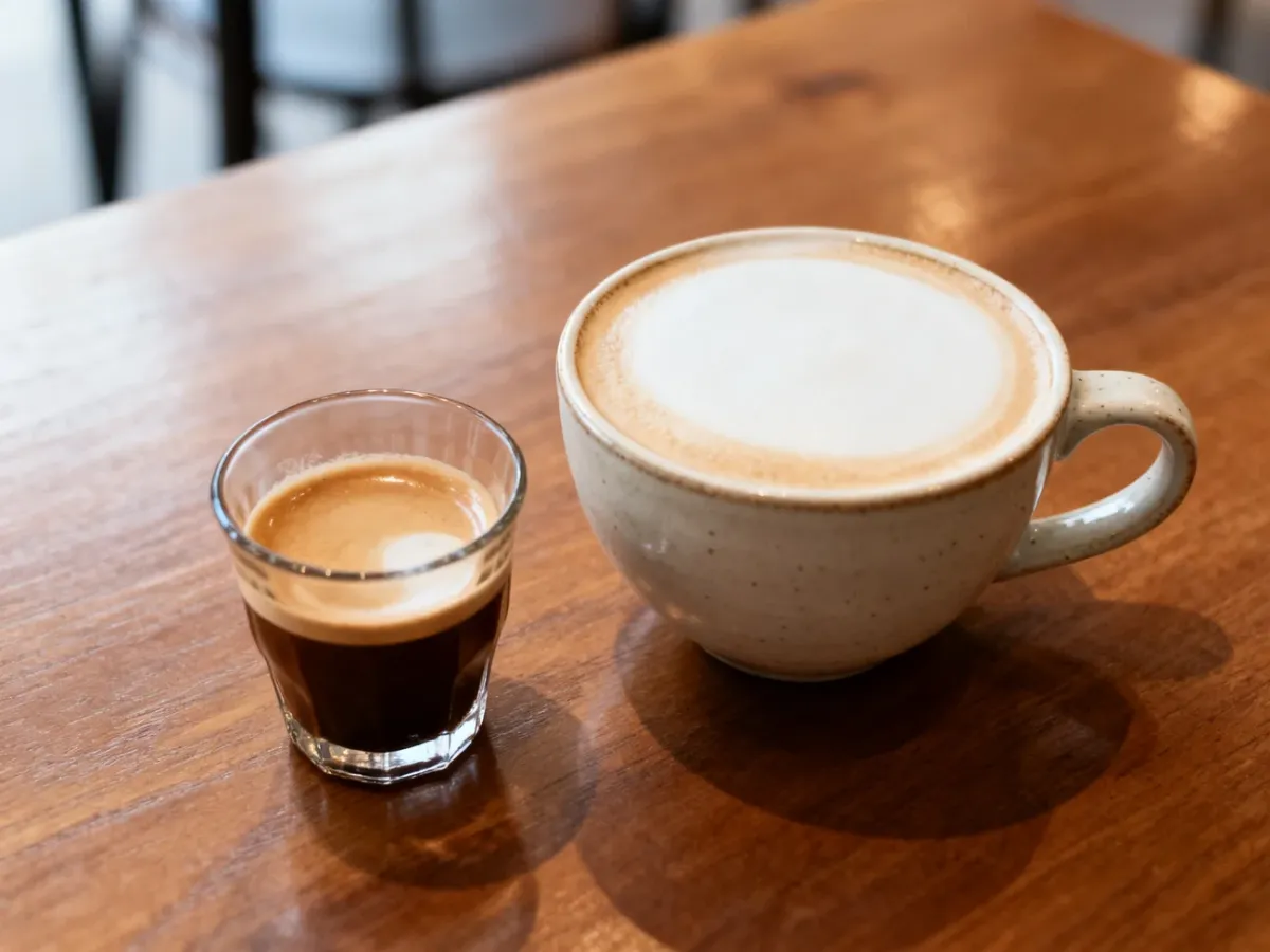 Cortado w małej szklance i flat white w ceramicznej filiżance