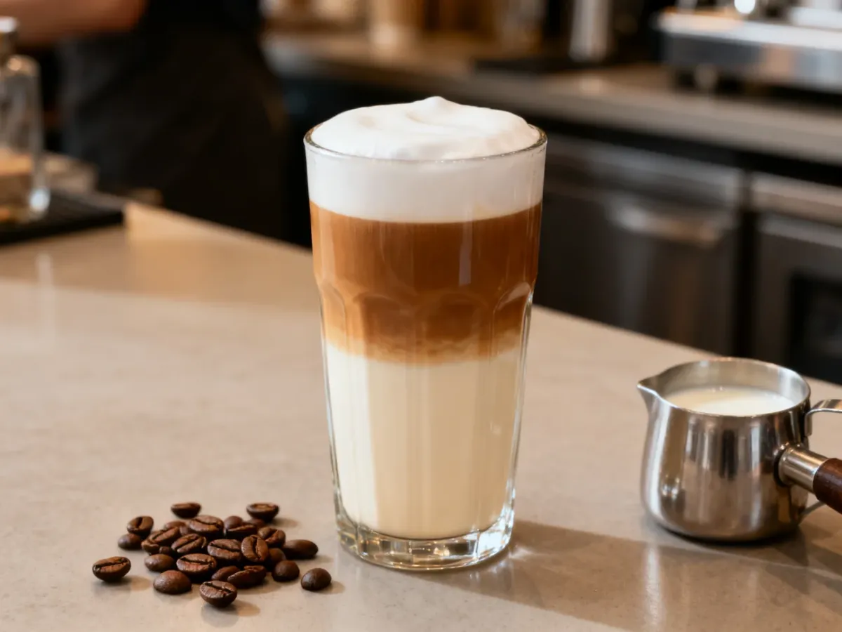 Wysoka szklanka z trzema warstwami latte macchiato
