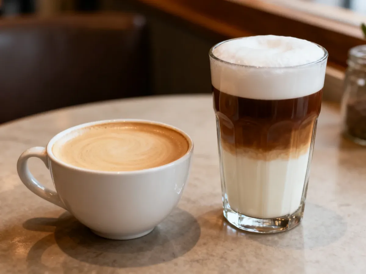 Caffe latte w filiżance i warstwowe latte macchiato w wysokiej szklance