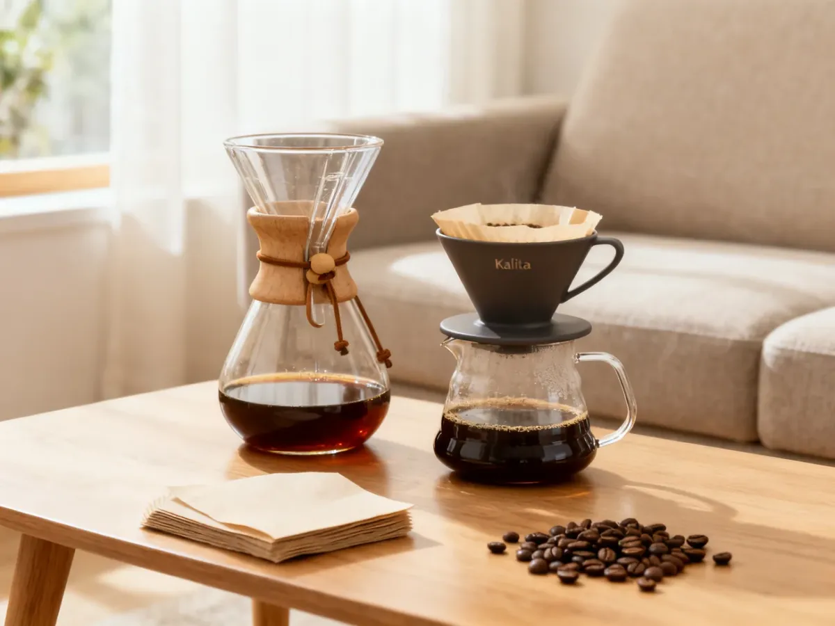 Chemex i Kalita Wave ustawione obok siebie na stole z akcesoriami do parzenia kawy