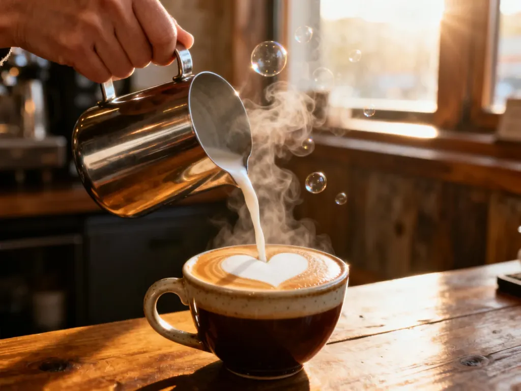 Profesjonalny dzbanek wlewa spienione mleko do espresso, tworząc na powierzchni kawy wzór serca w technice latte art.