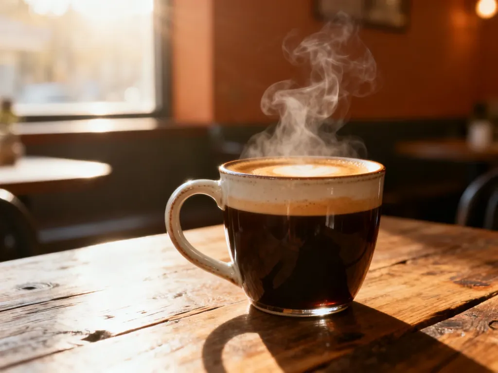 Parująca filiżanka kawy Cafe Grande na drewnianym stole w przytulnej, słonecznej kawiarni.