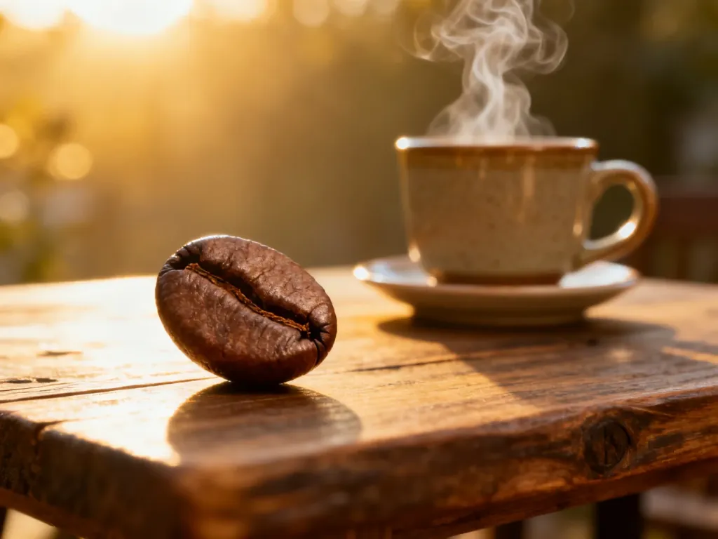Pojedyncze ziarno kawy typu single origin na drewnianym stole, w tle filiżanka z parującym naparem w porannym świetle.