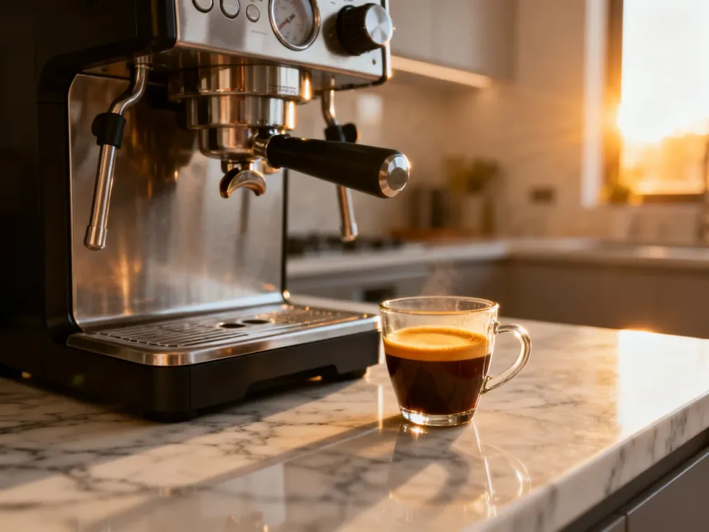Profesjonalny ekspres do kawy na marmurowym blacie z filiżanką świeżego espresso z gęstą cremą w porannym świetle.
