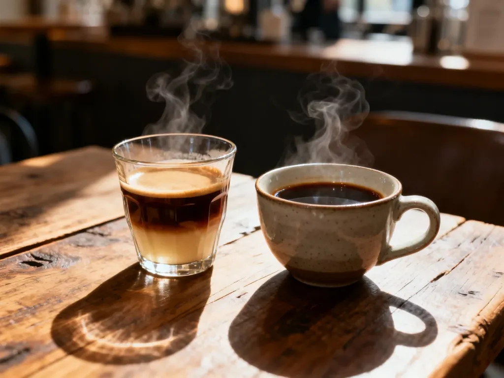 Dwie filiżanki kawy na drewnianym stole: jasne americano w szklance oraz ciemniejsze lungo w ceramicznym naczyniu.