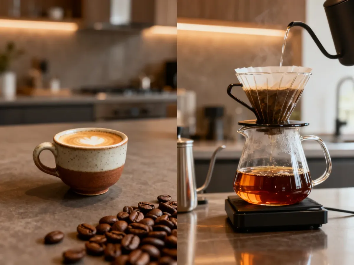 Espresso w małej filiżance obok kawy przelewowej przygotowywanej w dripperze