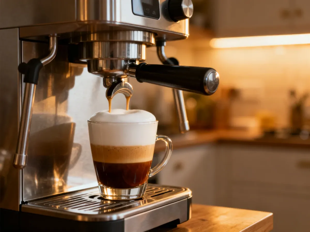Nowoczesny ekspres automatyczny przygotowujący cappuccino z gęstą pianką w przytulnej kuchni.