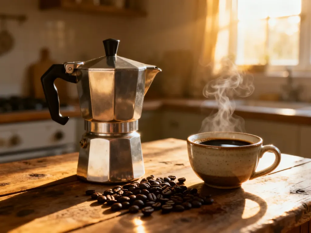 Srebrna kawiarka na drewnianym blacie obok filiżanki espresso i ziaren kawy w promieniach porannego słońca.