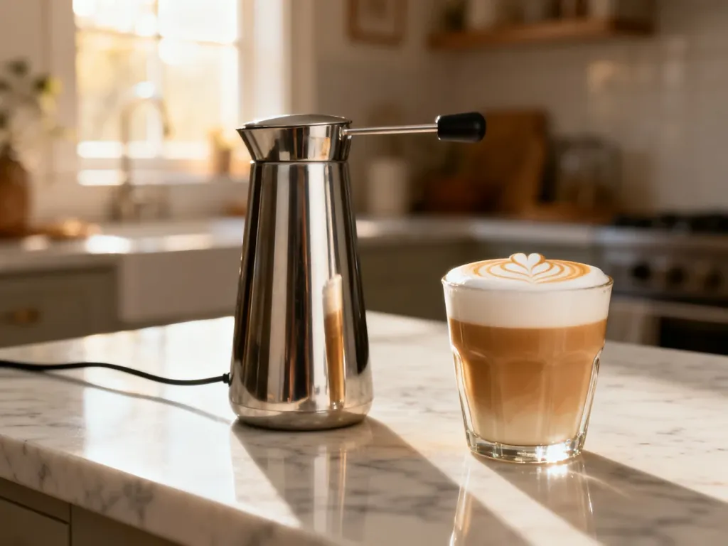 Nowoczesny spieniacz do mleka ze stali nierdzewnej obok szklanki cappuccino z latte art na marmurowym blacie.