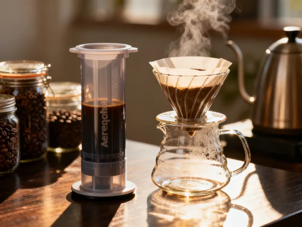 Porównanie Aeropressu i drippera V60 na drewnianym stole, ukazujące dwie popularne metody parzenia kawy przelewowej.