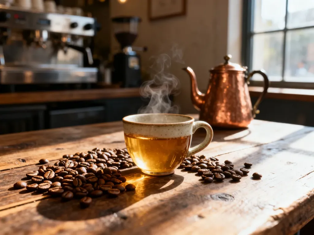 Jasno palone ziarna kawy rozsypane na drewnianym stole obok filiżanki z parującym naparem typu pour-over.