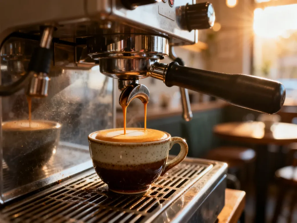 Profesjonalny ekspres przelewa aromatyczne espresso z gęstą cremą do ceramicznej filiżanki w przytulnej kawiarni.