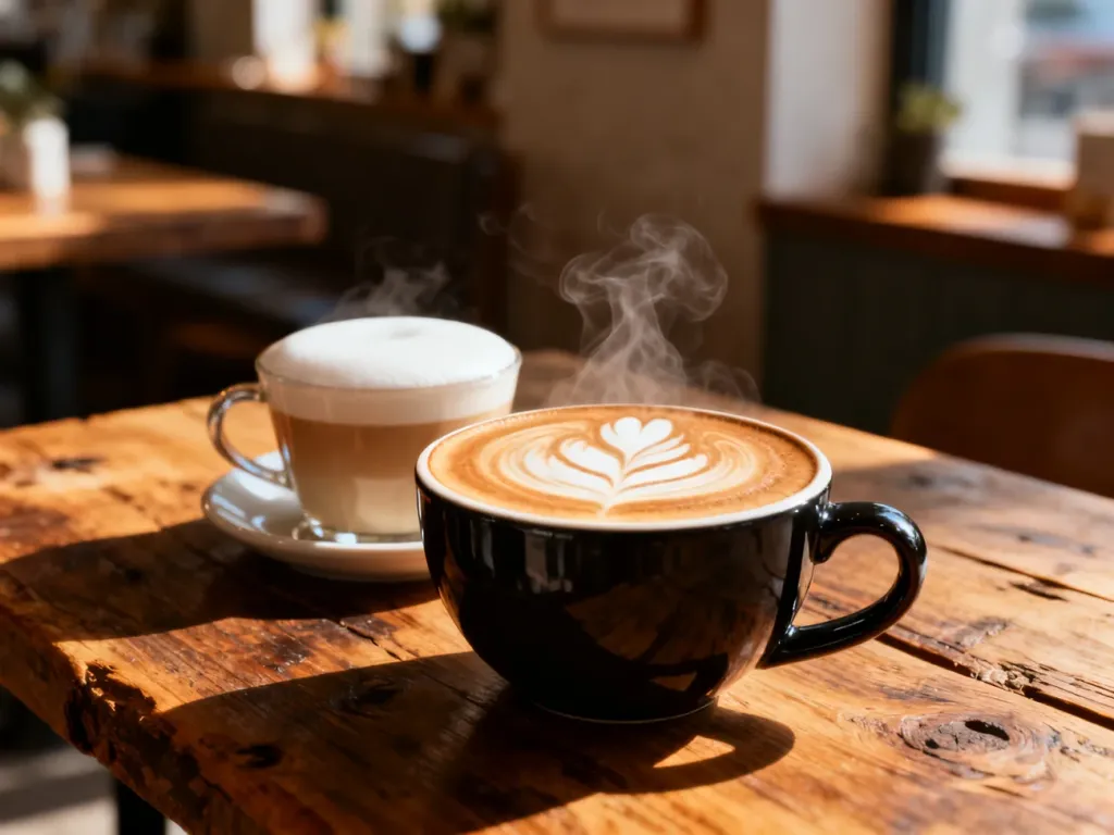 Dwie filiżanki kawy na drewnianym stole: flat white z latte art oraz klasyczna kawa z mlekiem w przytulnej kawiarni.