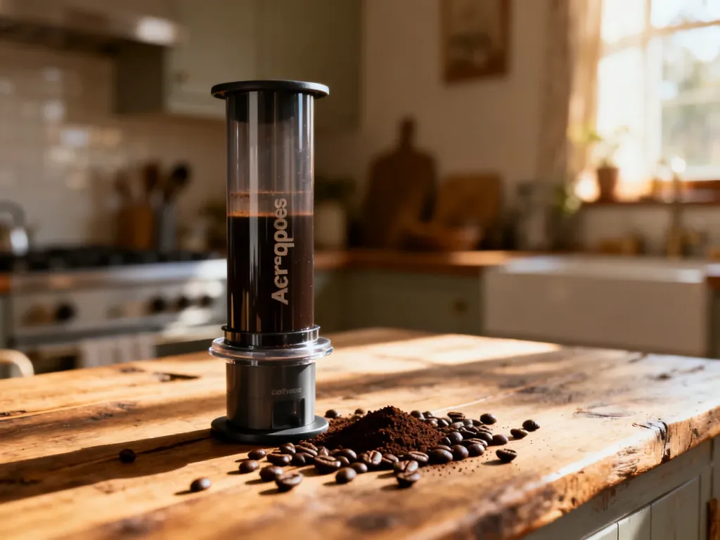 Aeropress na drewnianym blacie w otoczeniu ziaren kawy, przygotowany do parzenia naparu w przytulnej kuchni.