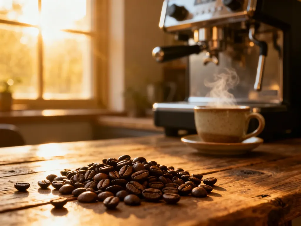 Wysokiej jakości ziarna kawy Arabica rozsypane na drewnianym stole, w tle ekspres i filiżanka parującej kawy.