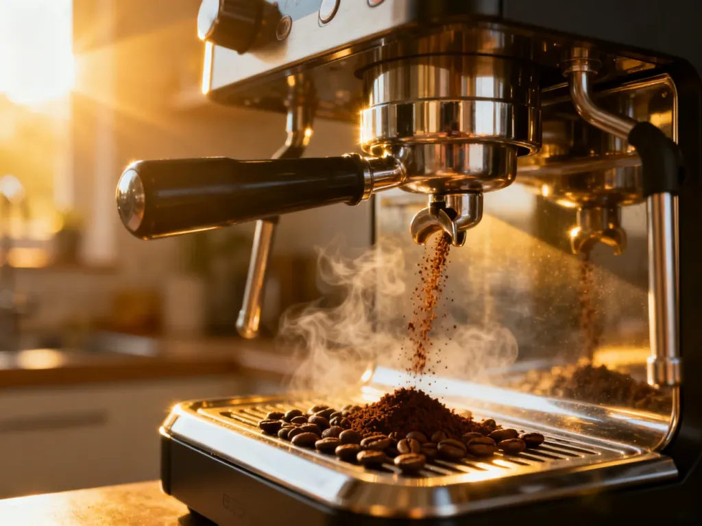 Wnętrze automatycznego ekspresu do kawy z widocznym procesem mielenia ziaren i parzenia espresso w porannym świetle.
