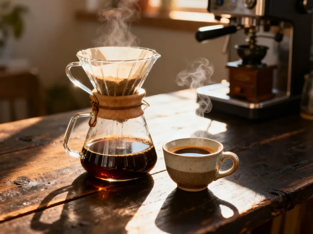 Szklana karafka z klarowną kawą przelewową obok filiżanki intensywnego espresso na drewnianym stole.