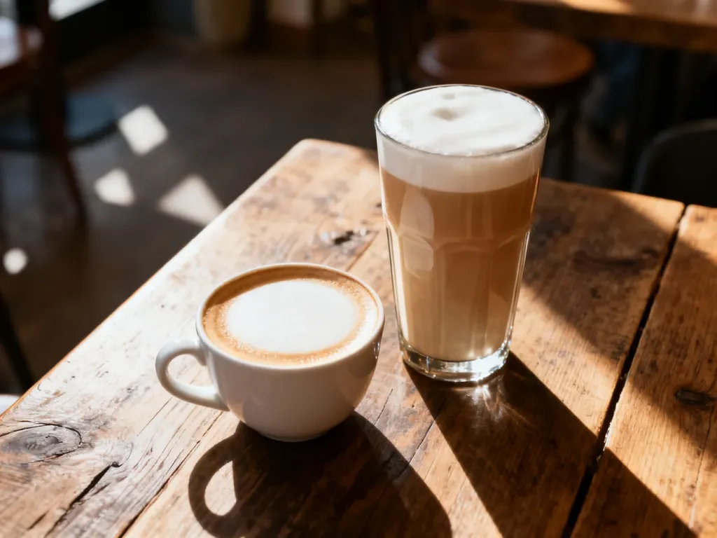 Porównanie flat white w mniejszej filiżance oraz latte w wysokiej szklance na drewnianym stole w kawiarni.