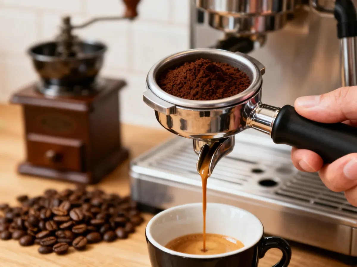 Domowy barista przygotowujący espresso w ekspresie kolbowym