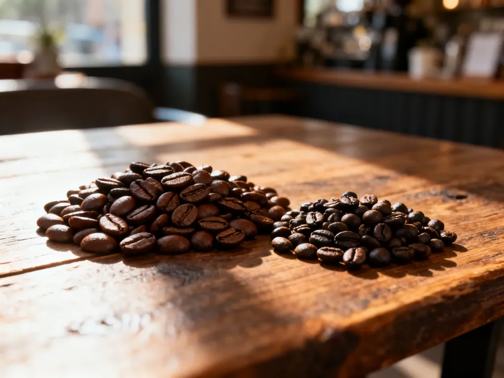 Porównanie ziaren kawy arabica i robusta ułożonych obok siebie na drewnianym stole.