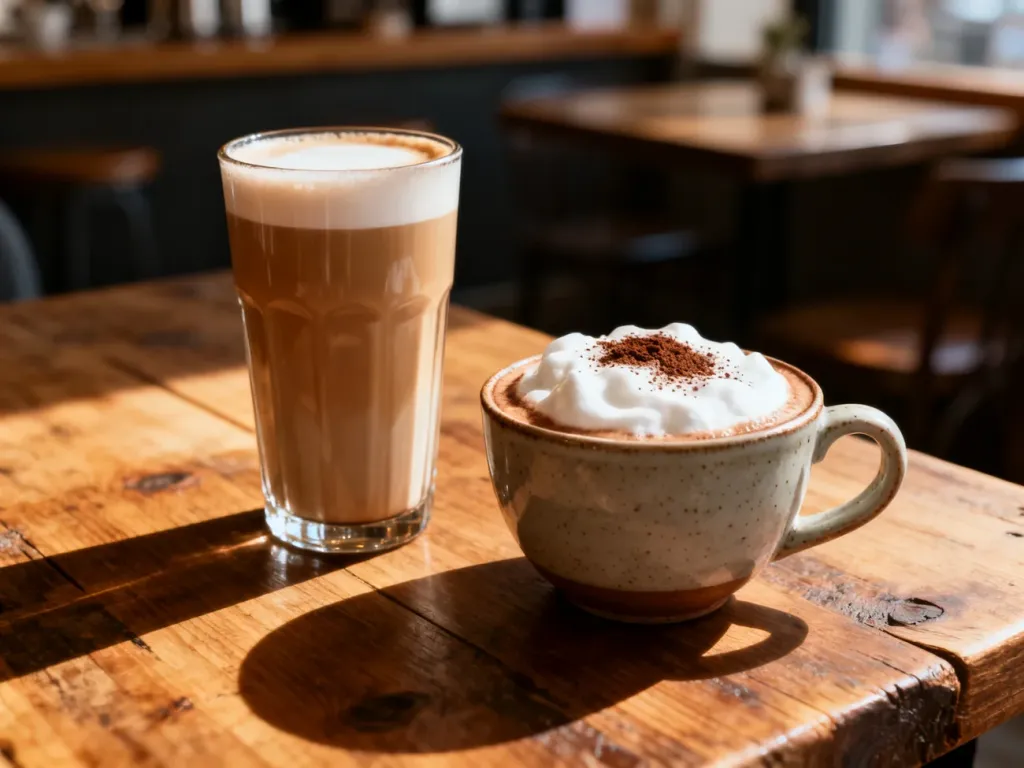 Wysoka szklanka latte oraz ceramiczna filiżanka cappuccino z grubą pianką stojące na drewnianym stole w kawiarni.