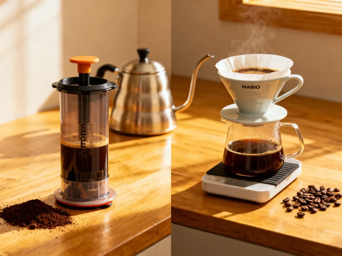 AeroPress i V60 ustawione obok siebie podczas przygotowywania kawy