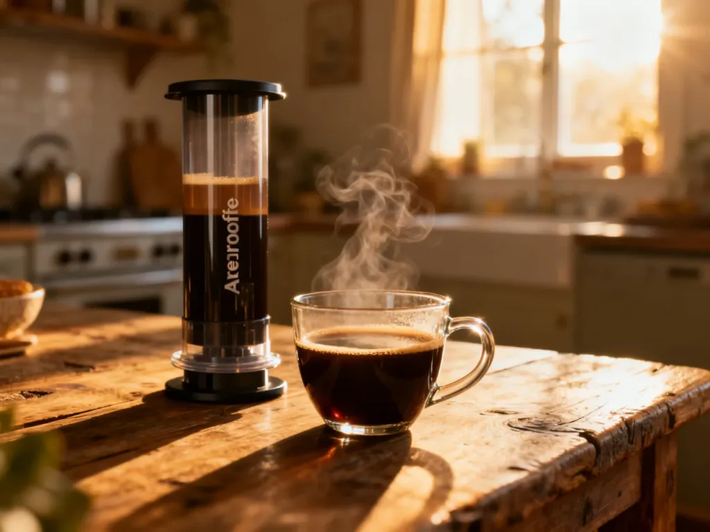 Aeropress na drewnianym stole obok filiżanki świeżo zaparzonej, parującej kawy w przytulnej kuchni.