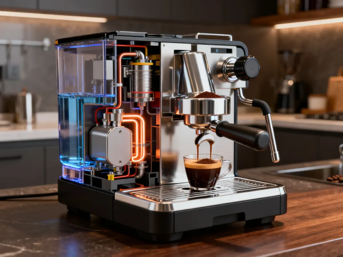 Przekrojowy widok ekspresu ciśnieniowego z układem wody, pompą, kolbą i filiżanką espresso