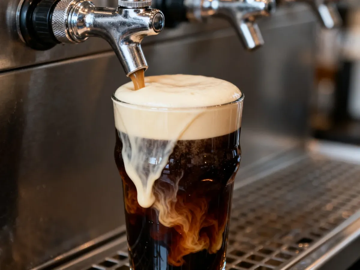 Nitro Cold Brew nalewane z kranu z charakterystycznym efektem wodospadu i kremową pianką