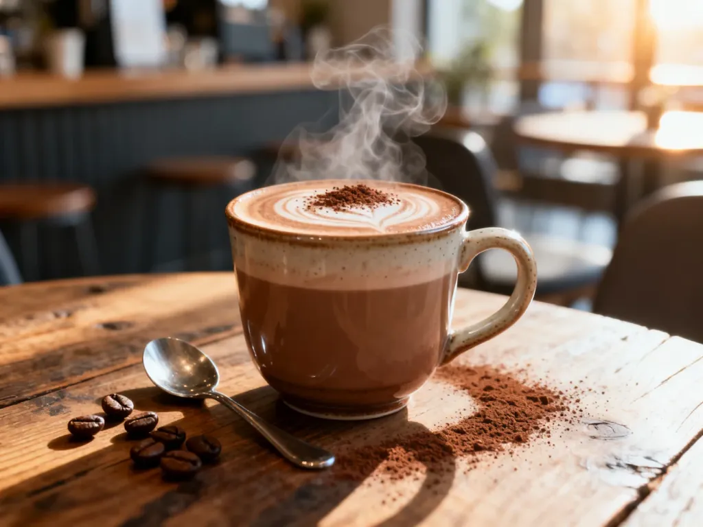 Parująca filiżanka kawy mocha z wzorem latte art i posypką z kakao na drewnianym stole w przytulnej kawiarni.