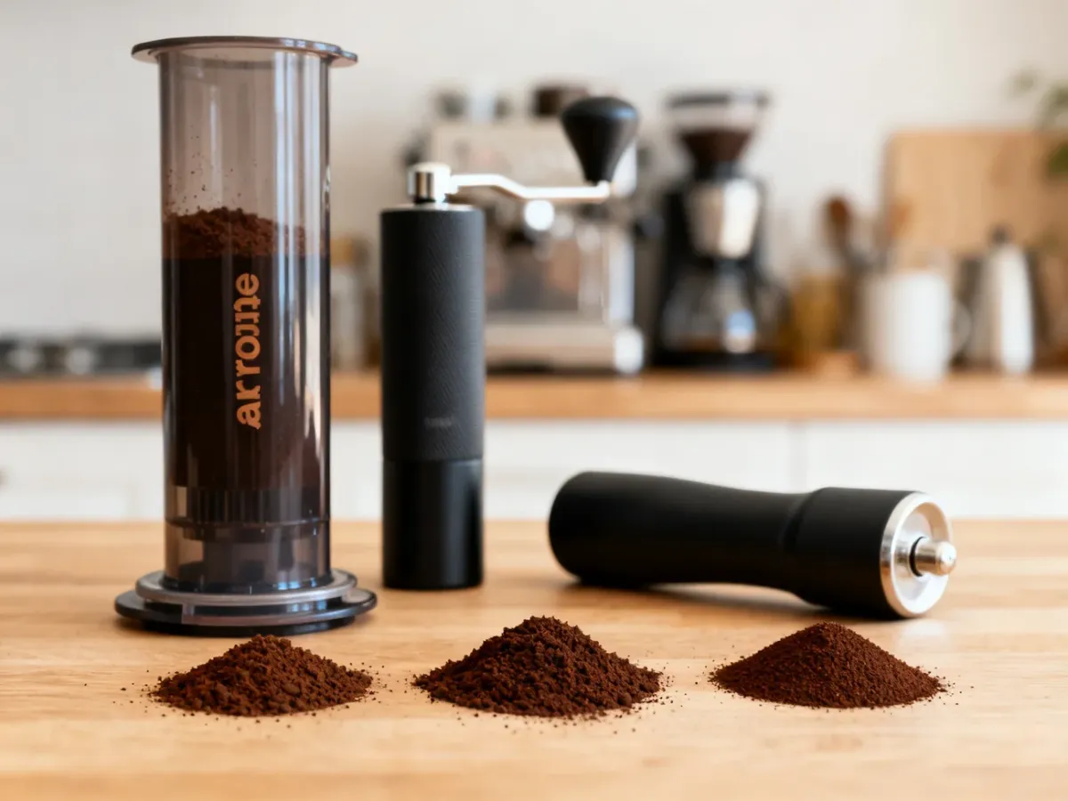 AeroPress with coffee grounds of different grind sizes and a hand grinder