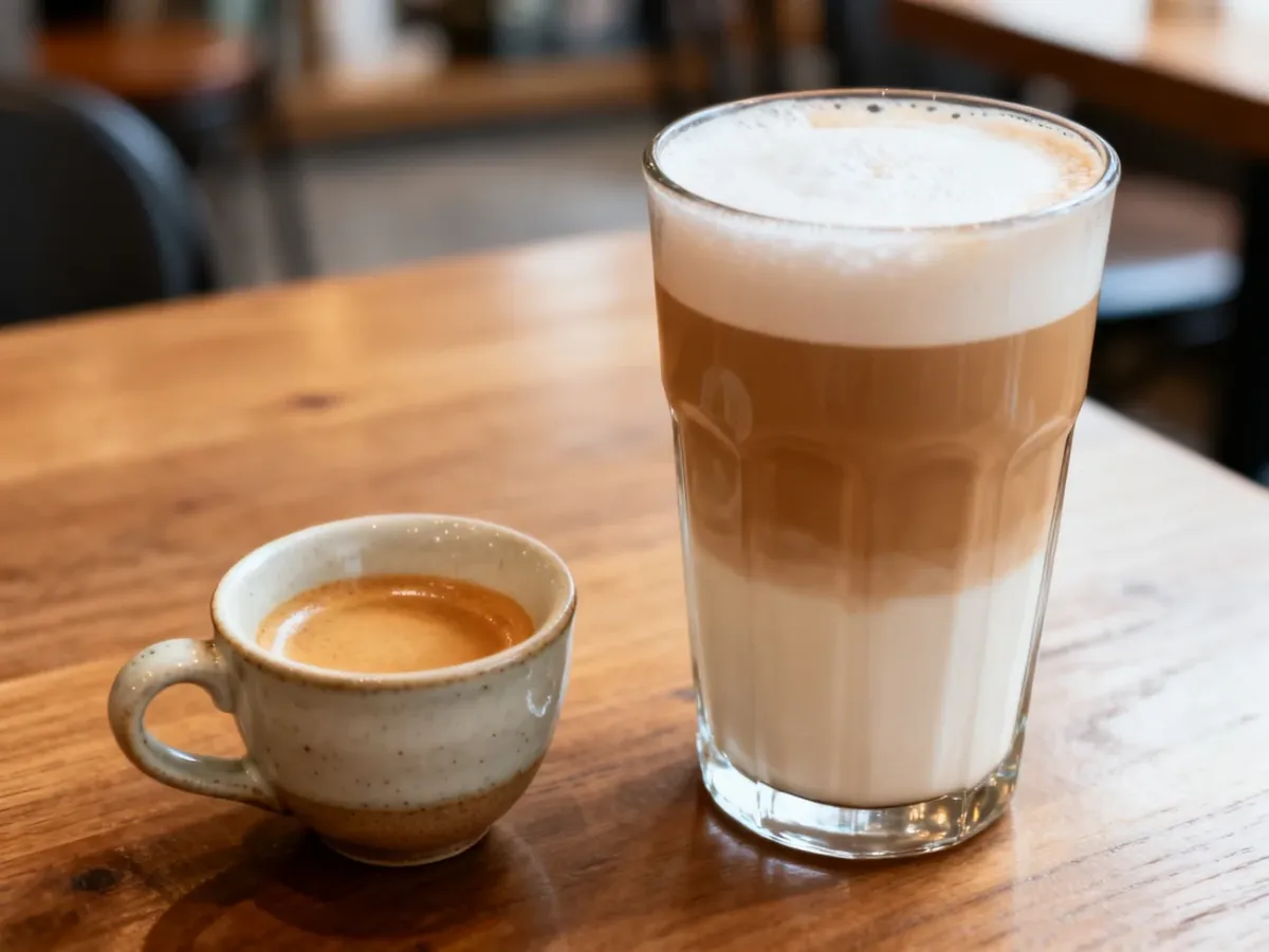 Espresso macchiato w małej filiżance i warstwowe latte macchiato w wysokiej szklance