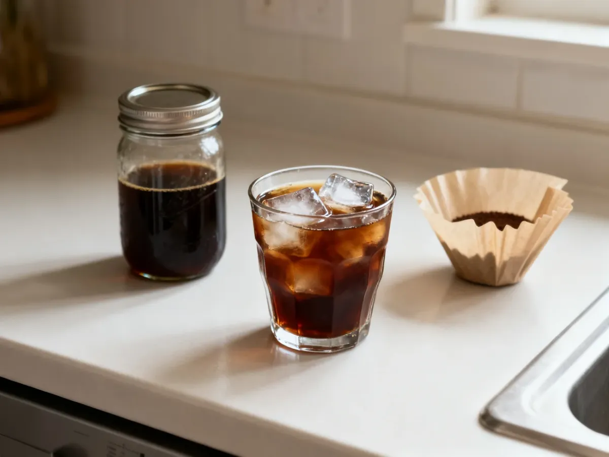 Szklanka cold brew z lodem obok słoika i filtra do kawy