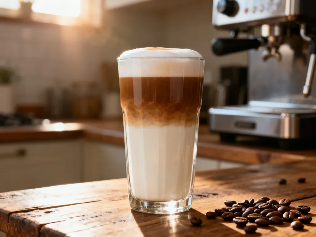 Świeżo przygotowane latte macchiato w wysokiej szklance z widocznymi warstwami kawy, mleka i pianki na drewnianym stole.