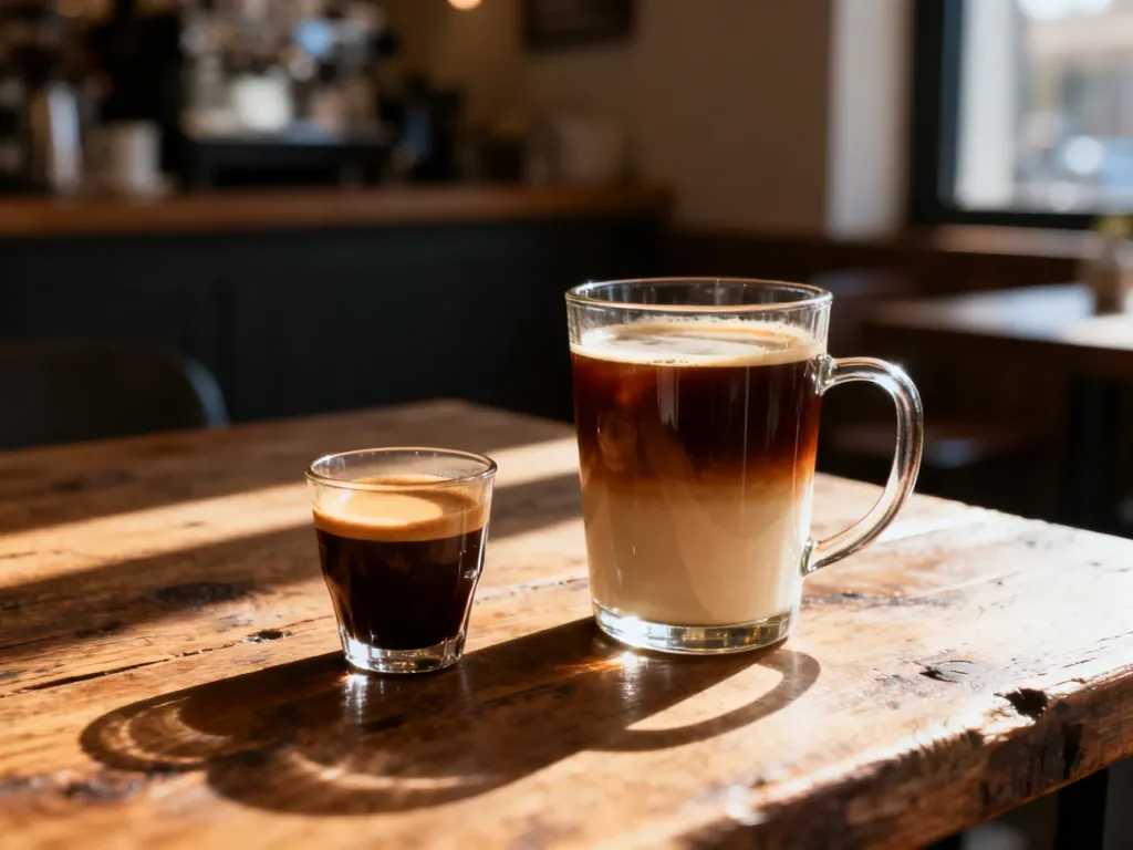 Porównanie kawy lungo i americano w szklankach na drewnianym stole w przytulnej kawiarni.