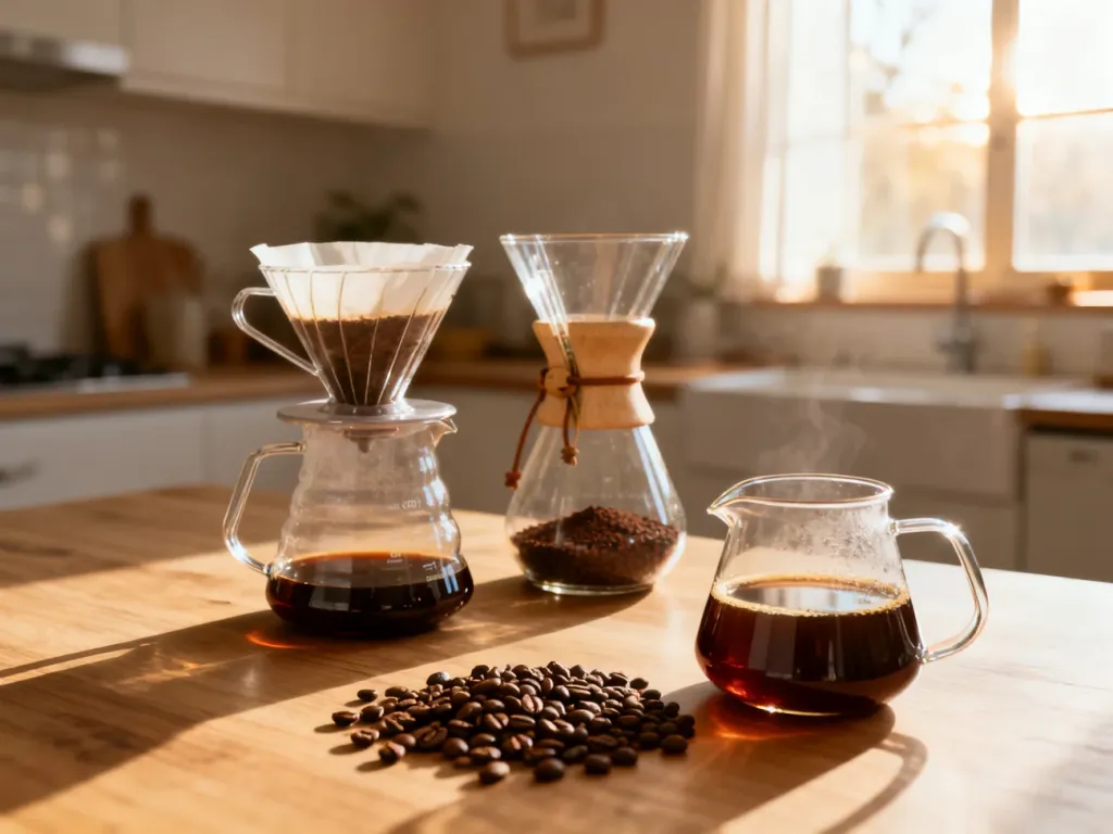 Hario V60 i Chemex ustawione obok siebie na drewnianym stole, prezentujące różnice w wyglądzie obu zaparzaczy do kawy.