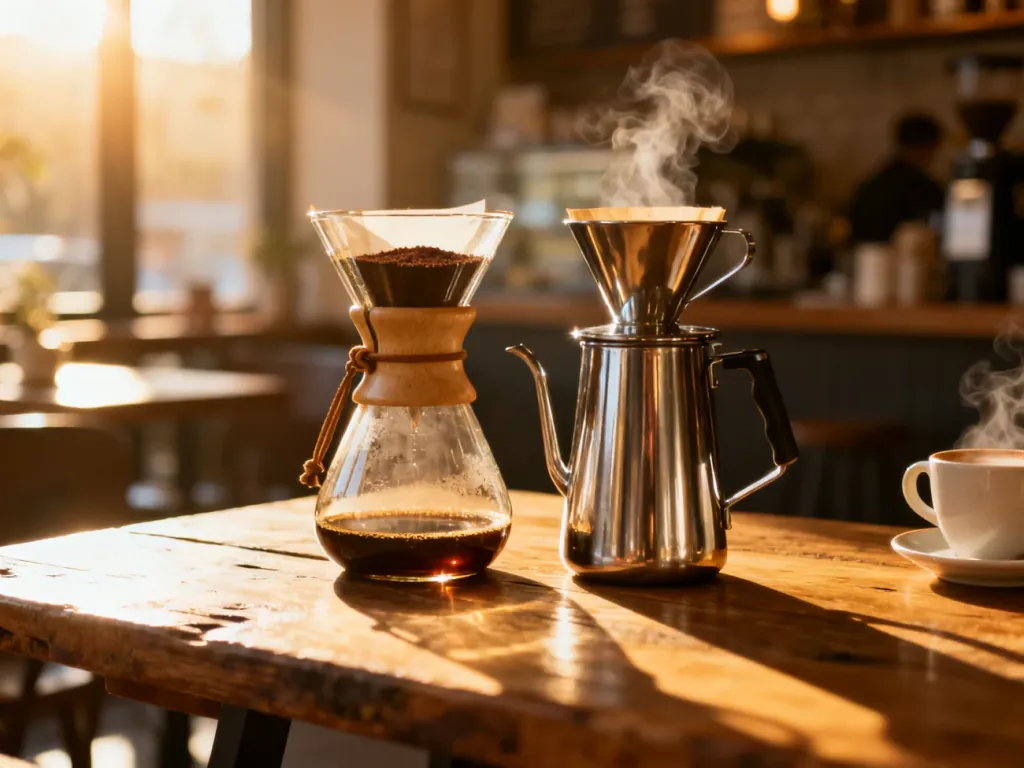 Zaparzacze Chemex i Kalita Wave ustawione obok siebie na drewnianym stole w przytulnej kawiarni.